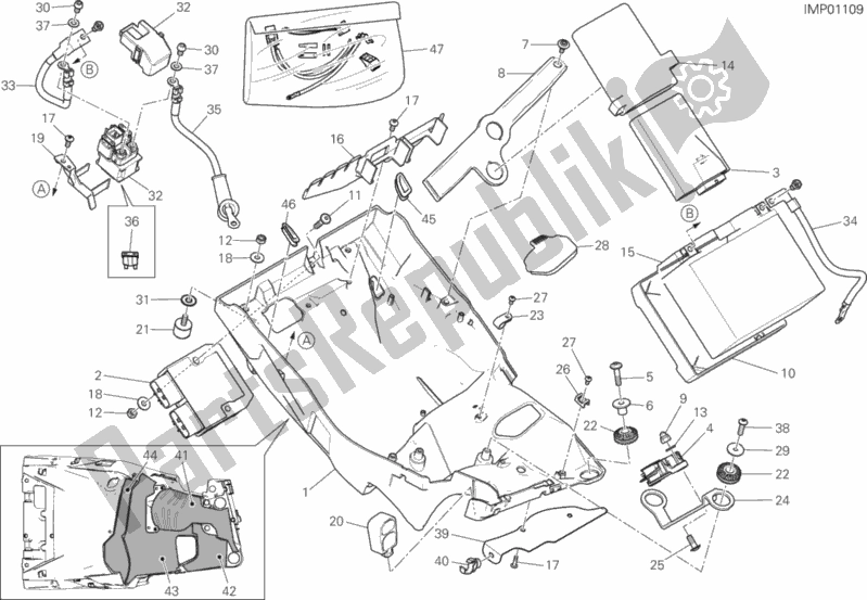 All parts for the Battery Holder of the Ducati Multistrada 1200 Enduro Touring Pack Brasil 2018